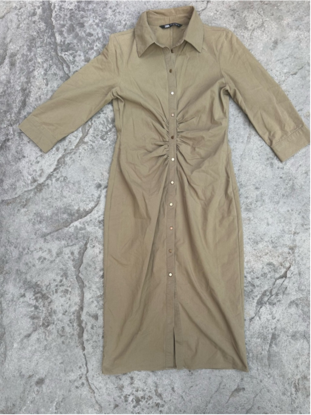 Zara Khaki Ruched Shirt Midi Dress Size M - Picture 4 of 8